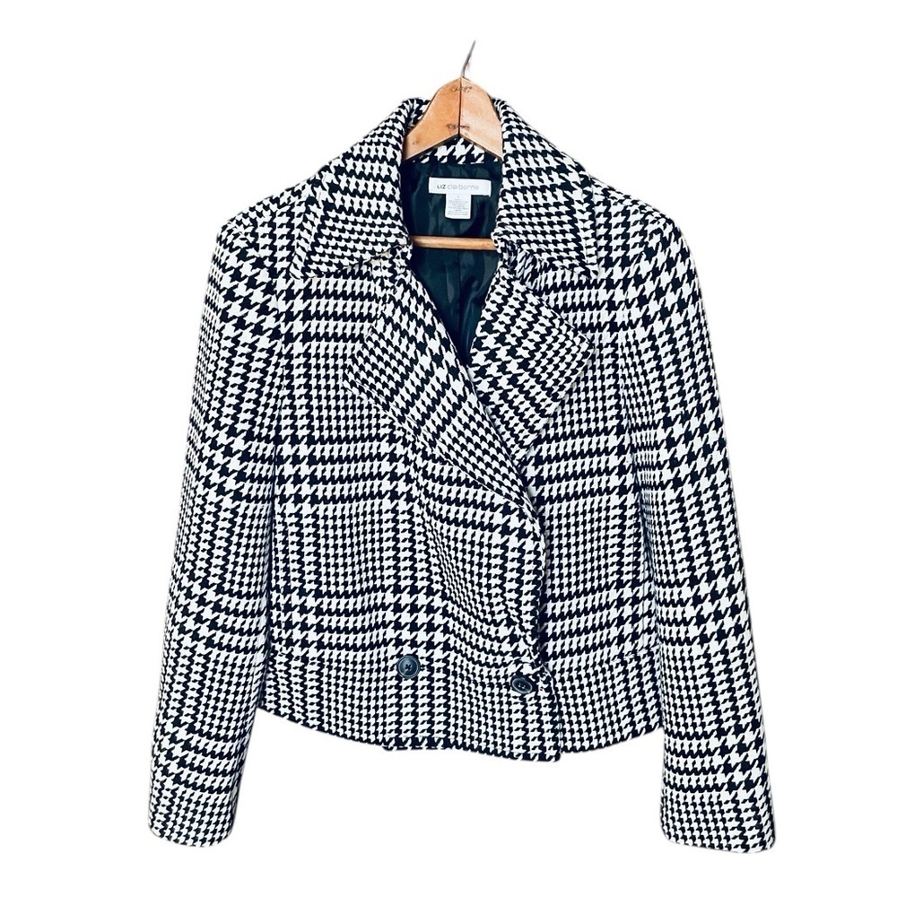 Liz Claiborne wool blend houndstooth button pea coat SZ L white black